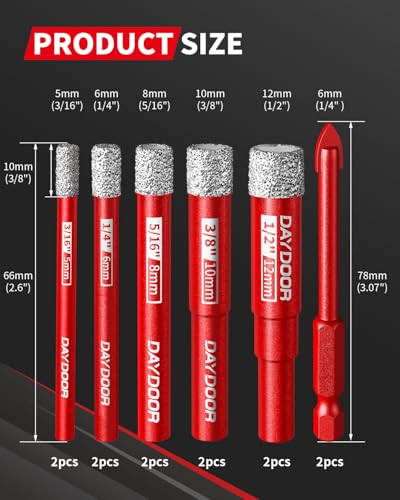 DAYDOOR Dry Diamond Drill Bits, 3/16" 1/4" 5/16" 3/8" 1/2" Tile Drill Bits - size: 3/16", 1/4", 5/16", 3/8", 1/2"