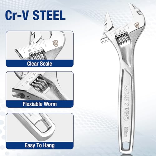 WORKPRO 8" Adjustable Wrench, Cr-V Steel, Chrome Plated Finish - color: Silver, size: 8 inch