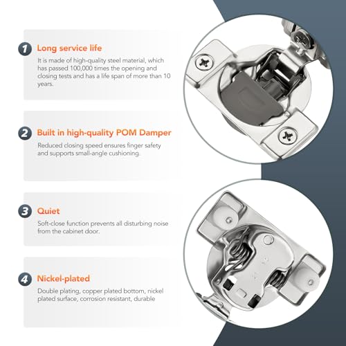 Satin Nickel Cabinet Hinges 1-1/2 Inch Overlay 10 Pack(5 Pairs) | Stainless Steel Build, Soft Close Concealed Hinge, 3D Self-Closing Adjustment, Face Frame Door Fit, Kitchen Cabinets - size: 1-1/2 inch Overlay