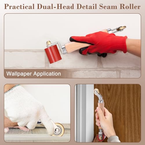 Sumnacon 40mm Silicone Seam Roller with 6mm Brass Detail Penny Roller, Welding Handheld Roller Tool with Wooden Handle, Automobile Sound Deadening Roller for Wallpaper Banner PVC/TPO/EPDM Application - size: 40mm+6mm