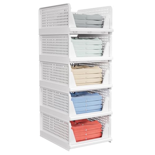 caktraie 5 Pack Stackable Closet Storage Basket - Stackable Storage Bins - size: 5 Pack White