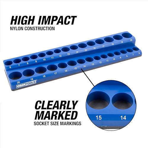 OEMTOOLS 22486 3-Pc Magnetic Socket Organizer to Hold 68 Metric Sockets | Metric Magnetic Socket Holder, Non-Marring Rubberized Base Socket Holders, 1/4, 3/8, 1/2 Inch Sizes, Clearly Marked Sizes - style: 3Pc Blue