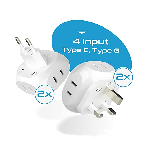 Ceptics Europe Travel Adapter Plug Set Schuko - 4 Input - Ultra Compact - Light Weight Type C, Type G - USA to Any Type C, G Countries UK, Ireland, Germany, France - 4 Pack (PT-9C-7-4PK),White - size: 4 Pack, style: Type C , G - Europe 2 pack set