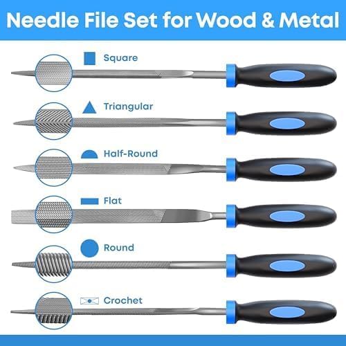 E•Werk - 6-pc Needle File Set for Wood, Metal, Plastic & Jewelry - Small Round, Half-Round, Square, Triangle, Flat & Flat Pointed Files - Handy Tools for Fine Finishing w/Ergonomic Handles