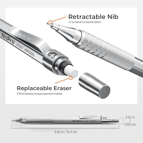 Nicpro 45PCS Black & Silver Metal Mechanical Pencil Set in Leather Case, Art Drafting Pencil 0.5, 0.7, 0.9 mm, 2mm Lead Holders for Sketching Drawing With 27 Tube (6B 4B 2B HB 2H 4H Colors)Lead Refill - color: Black & Silver