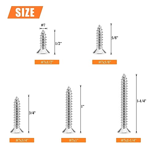 #7 x 1/2" 5/8" 3/4" 1" 1-1/4" Wood Screws Set, HELIFOUNER 160 Pieces Phillips Countersunk Head Self-Tapping Screws Assortment Kit, Phillips Flat Head Wood Screws, 304 Stainless Steel - size: #7