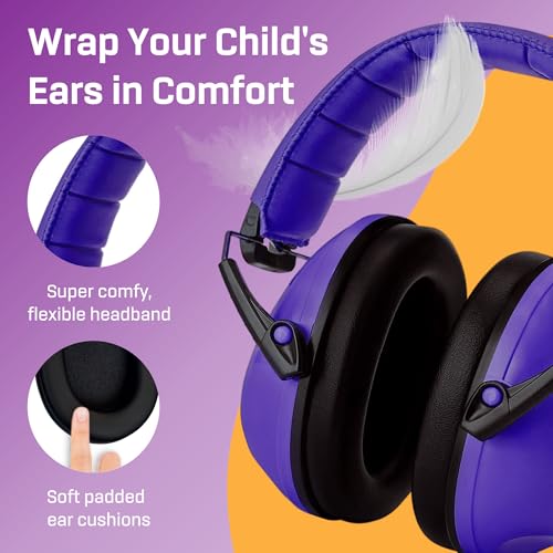 Kids Noise Canceling Headphones - 33 dB (2K Hz) - Ear Protection Earmuffs | Vanderfields' earmuffs protect child's hearing with certified noise-cancellation, soft ear cushions, and adjustable headband - color: Purple