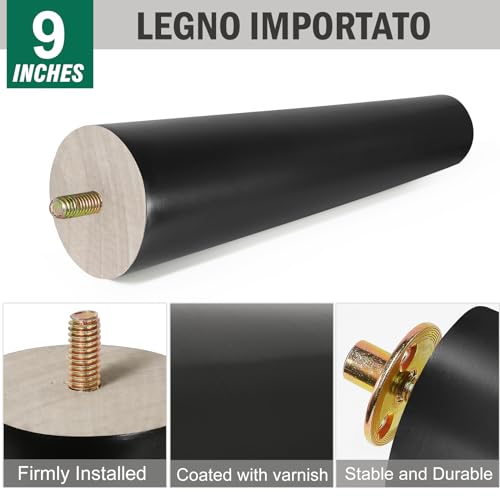 FoDau770 Rubber Wood Legs 9", Straight Taper, 5/16"-18 Thread, Black, 4pcs | Wood Couch legs - Mid Century Sofa Legs - Furniture legs Replacement for Cabinet Dresser Chair Ottoman - color: Black, size: 9 Inch - Straight (90°)