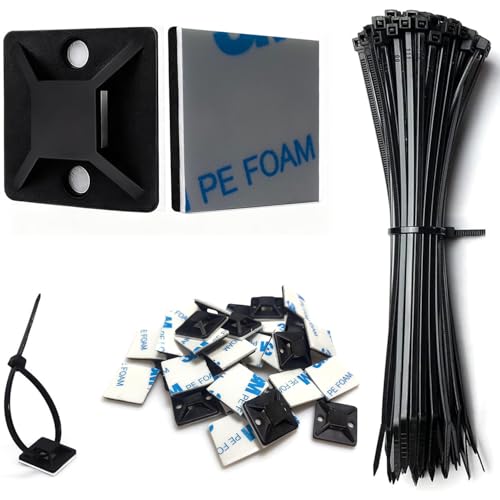 Strong Back-Glue Self Adhesive Cable Zip Tie Mounts Kit - 100 Set Cable Management Clips with 6" Zip Ties, Wire Holders - Outdoor Sticky Wire Organizer Clips-Black - color: Black