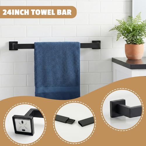 5-Pieces Matte Black Bathroom Accessories Set, 24 Inch Bath Towel Bar Set, SUS 304 Stainless Steel Bathroom Hardware Set, Towel Racks for Bathroom Wall Mounted - color: H-24 Matte Black