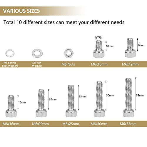 122 Pieces M6 x 10/12 /16/20 /25/30 /35mm Hex Socket Head Cap Screws Nuts Washers Assortment Kit, 304 Stainless Steel, Fully Machine Thread - size: M6, style: Socket Head