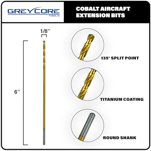 Greycore Tools 1/8 Inch x 6 Inch Cobalt Aircraft Extension Bit – 2 Pack M35 Cobalt Drill Bit, Industrial Titanium Coating – Drill Bits for Steel, Hard Metal, Cast Iron, Wood, Plastic (1/8" x 6") - size: 1/8" x 6", style: 6" Length