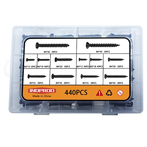 440 pcs M3 M4 M5 Wood Screws Assortment Kit,High Hardness Carbon Steel Self-Tapping Screws,Pan Round Head & Flat Head,Phillips Drive Countersunk Head Screws Set Kit,Black Oxide,Full Thread - size: M3/M4/M5, style: Flat & Round (Carbon Steel)
