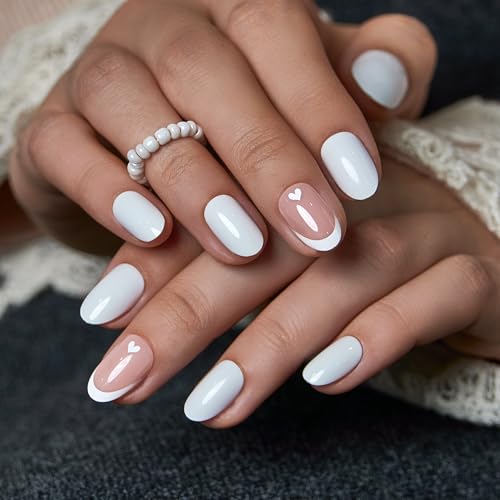 CurvLife Short Oval Press On Nails, Heart Kiss White, Soft Gel - color: C5 - French white