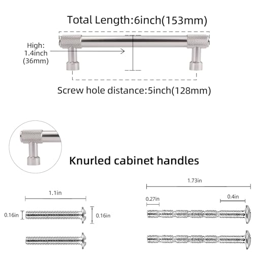 10 Pack 5 inch(128mm) Brushed Satin Nickel Kitchen Cabinet Handles Knurled Cabinet Pulls Sliver Drawer Pulls Cabinet Hardware Kitchen Handles Drawer Pulls Dresser Handles - color: Brushed Satin Nickel, size: 5" Hole Center