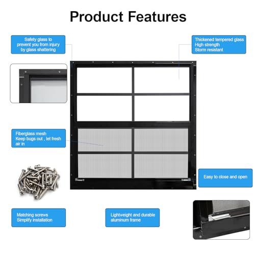 NeatiEase 2 Pack Shed Windows with Black Frame, 24 x 24 Flush Mount Small Window with Tempered Glass and Fiberglass Screen for Shed, Chicken Coop, Playhouse, Household, Garage - color: Black, size: 24"x24"
