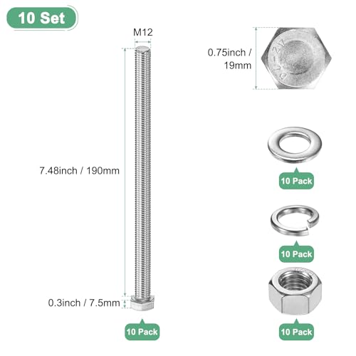 M METERXITY 10-Pack Hex Head Screw Bolt with Nuts Flat & Lock Washers M12x190mm Stainless Steel Bolts and Nuts Kit Fully Threaded Metric Bolt Assortment for Equipment/Machinery - size: M12x190mm