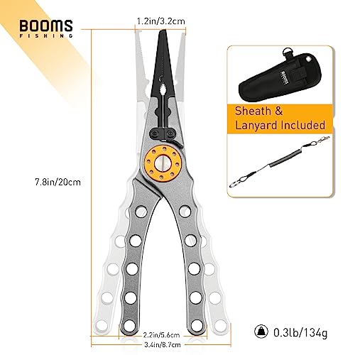 Booms Fishing X1 Aluminum Fishing Pliers Saltwater, Surf Fishing Tackle Kit, Fishing Multitool Hook Remover Braided Fishing Line Cutting and Split Ring with Coiled Lanyard and Sheath - color: Gun Metal