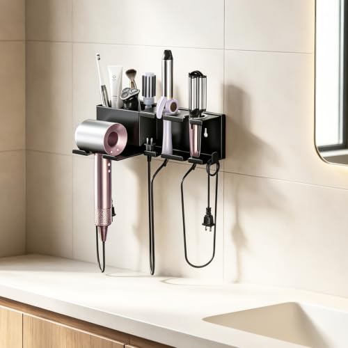YSD Hair Dryer Holder Wall Mounted Metal Self Adhesive/Screw Organizer - color: Black, size: Standard