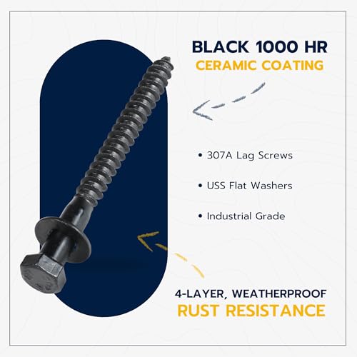 3/8 x 4 (50 Pack) Lag Screw Kit, 50 Screws and 50 Washers, Ceramic Black Ruspert Coating for Exterior Use, Meets ASTM A307 and ASME B18.2.1, Industrial/Commerical Grade by Makers Bolt - size: 3/8 x 4