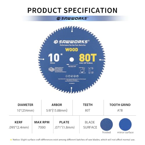 SawWorks 10" 80T ATB Circular Saw Blade Woodworking for Fine Finish & Trim - size: 10 In 80T
