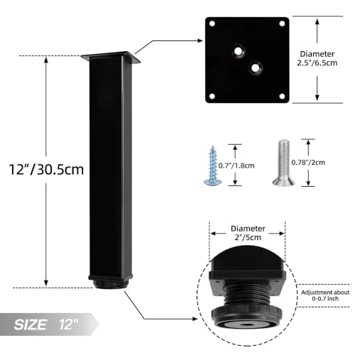 QLLY 12 inch Square Adjustable Metal Furniture Legs, Heavy Duty Black Cabinet Feet with Leveling Pads, Set of 4 for Sofa, Couch, Ottoman, Cabinet and Shelf Replacement - color: Black, size: 12 inch