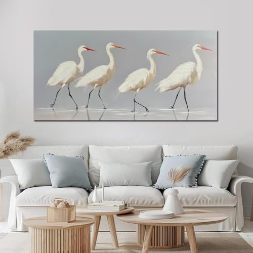 SSNEEKNDG White Heron Wall Art Bird Painting Animal Texture Artwork 24"x48" - size: 24"L x 48"W
