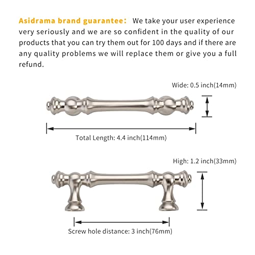 Asidrama 6 Pack 3 Inch(76mm) Brushed Satin Nickel Kitchen Cabinet Handles, Cabinet Pulls Kitchen Cabinet Hardware for Cupboard Drawer Pulls Dresser Handles - color: Brushed Satin Nickel, size: 3" Hole Center, style: 6 Pack