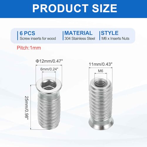 MECCANIXITY 6Pcs Threaded Inserts Nuts, M6x25mm Hex Socket Drive Nut Inserts for Wood - 304 Stainless Steel Screws Furniture Screw in Nuts Bolt Fastener Connector Wood - size: M6x25mm