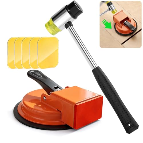 Wood Floor Gap Fixer Tool Kit, Heavy Duty Suction Cup Floor Tightener with 5 Reusable Sticky Pads & Rubber Mallet, Floor Seam Puller for Hardwood Laminate/Vinyl Installation & Repair