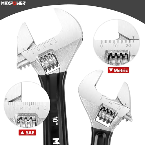 MAXPOWER Adjustable Wrench Set, 3-Piece Adjustable Wrenches 6-inch, 8-inch, 10-inch, Metric & SAE Scales, Extra-Wide Jaw and Soft Grip Wrench Set - size: 6" 8" 10"