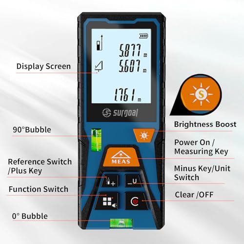 Laser Distance Measure Backlit LCD with Bubble Levels Enhanced-Bright 196FT - color: Red 196FT