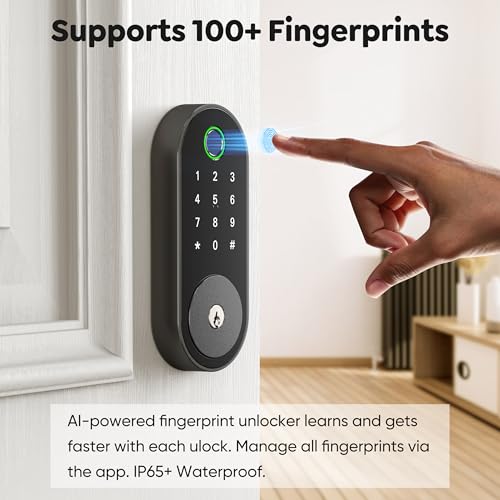 Fingerprint Smart Deadbolt with Keypad – Keyless Entry Lock for Home, Apartment, Office, Airbnb, Rental, Kids & Seniors, App & Code Access, Auto-Lock, Easy DIY Install, Compatible with Alexa & Google - color: Black