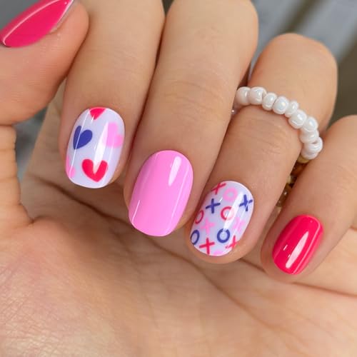 CurvLife Extra Short Square Heart Design Press On Nails, Valentine Hearts - color: E8 - Cute Heart and Kiss Nails