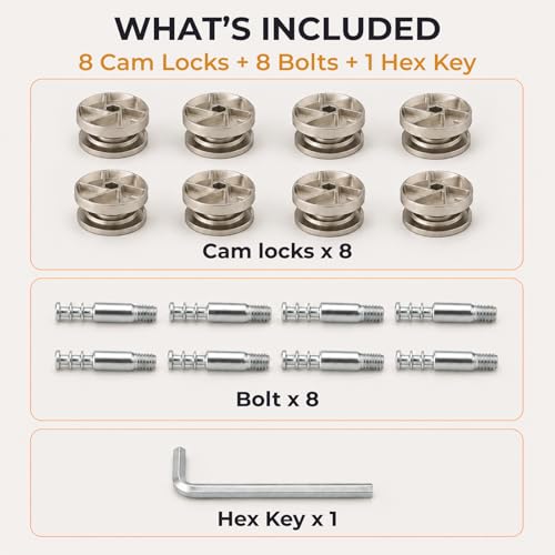 35mm Spiral Cam Lock Set M8 x 60mm Bolt, 8 Pack with Allen Key, for Bed Frame Wardrobe Cabinet Repair