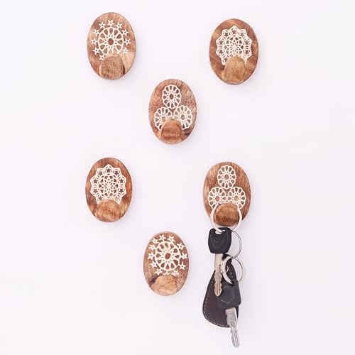 Indian Shelf 6 Pieces Wooden Adhesive Wall Hooks for Keys, Hats & Bags - color: Brown Style 8