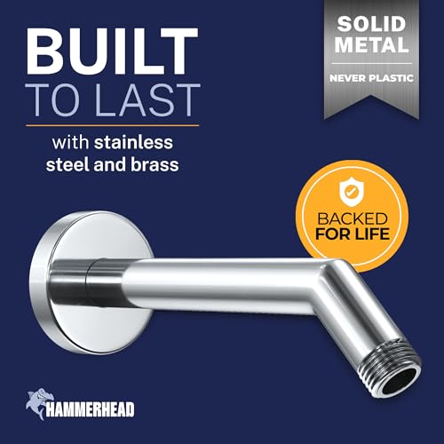 HammerHead® Solid Metal Shower Arm and Flange - 7.5 Inch 304 Stainless Steel Extension Pipe - Universal Shower Head Arm with Flange and Locking Screw, Chrome - color: Chrome