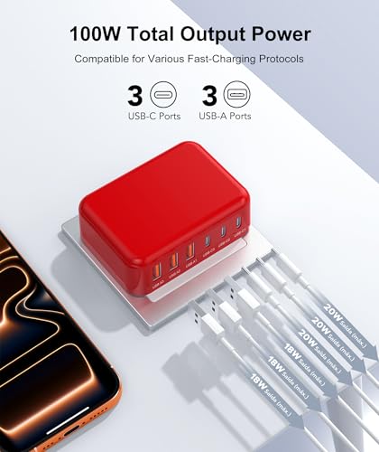 Fast Charger Block,100W 6 Port Charger Station Hub Cube,USB C Charger Block - color: Rad