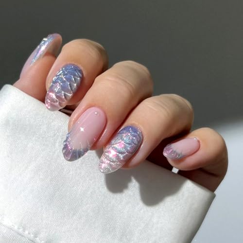 Almond Press On Nails Medium, 24PCS Iridescent 3D Mermaid Scale Acrylic Fake Nails, Gradient Pink Purple Stick On Nails for Women, Reusable Glossy False Nails for Party, Wedding - color: 31-Pine cone gradient