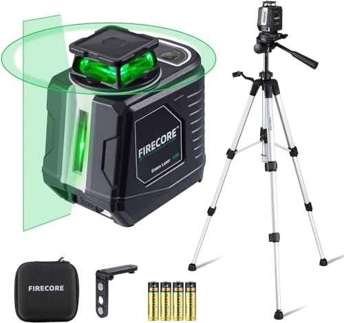 Laser Level with Tripod, Firecore 360° Self Leveling Laser Level with Pulse Mode, 3 Brightness Levels, Green Line Lazer Leveler Tool for Picture Hanging Wall Tile Floor DIY Construction Project - style: 360° Cross Line Laser w/39.5" Tripod