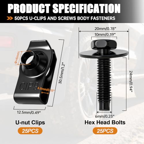 mankk 50PCS M6-1.0 Fender Liner Screw and U-Nut Clips Kit,Body Fasteners,U-Nut Clips & Hex Head Bolts,Automotive Body Clips Fender Bolts for Fender, Engine Cover & Splash Shield - color: Black-M6-1.0 Kit