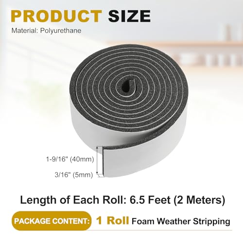 uxcell Weather Stripping Door Seal, 1-9/16" x 3/16" x 6.5 Ft Adhesive Foam Tape Seal Soundproof Insulation Strips for Door Frame Window Gaps (1 Roll, 6.5 Feet) - size: 1-9/16" x 3/16" (6.5 Ft)