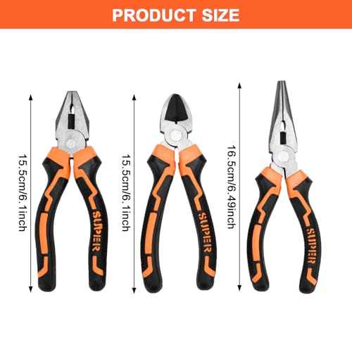 3-Piece 6 Inch Pliers Set | Needle Nose, Diagonal Cutting, Slip Joint Pliers, For Plumbing - size: 6 INCH