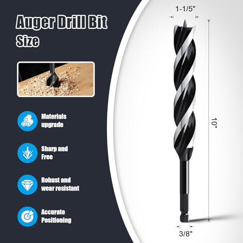 1-1/5" x 10" Auger Drill Bit for Wood,Hex Shank Tri Flute Drill Bit - size: 1-1/5"x10"