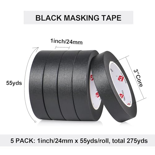 BOMEI PACK Black Painters Tape 1 Inch Bulk - Paint Tape 5 Rolls x 1 Inch x 55 Yards - Black Masking Tape for Walls Painting, DIY Crafting, and School Projects, Total 275 Yards - color: Black