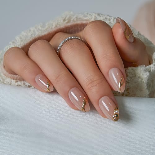 CurvLife Medium Almond 3D Gold Lines Press On Nails, Golden Pearl Lines - color: B3 - Elegant Nude Nails with Gold Accents