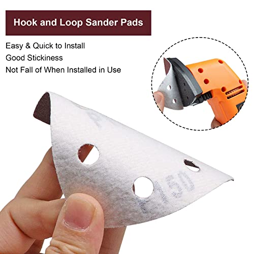 120 Pcs Triangle Sanding Pads, 150 Grits Detail Sander Sandpaper Hook and Loop Sanding Sheet,3.54"(90mm) Triangular Sandpaper for 3.5" Oscillating Multi Tool - size: 150 Grit, style: Hole