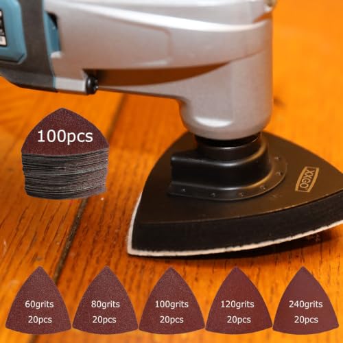 XXGO 100 Pcs 3-1/2 Inch 90mm Assorted Grit Triangle Multitool Sanding Pads | Hook & Loop Design , Strong Velcro , Best for Wood Metal Sanding - size: 3-1/2 Inch Assorted Grits - 100 Pcs