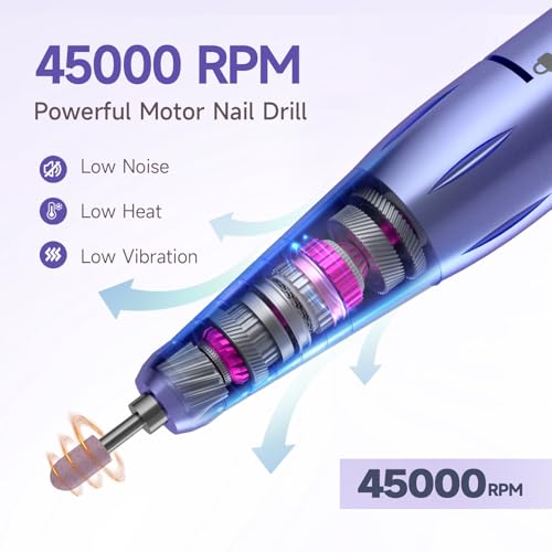 Pro Nail Drill, 45000RPM Rechargeable Cordless Electric File,Purple - color: Purple