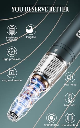 Rechargeable Nail Drill - Brushless Motor - Electric Nail Drill for Acrylic Nails Professional,35000RPM Electric Nail File,Cordless for Home Salon, Low Noise, Low Heat, Blue Grey